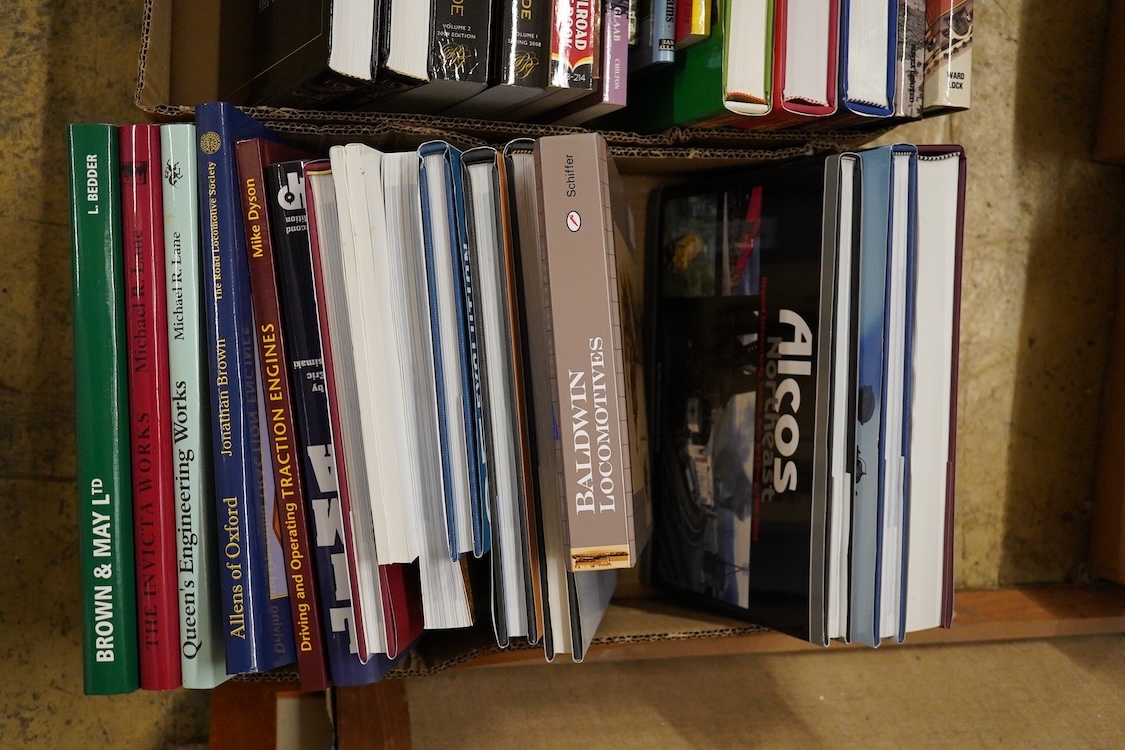 Four boxes of railway, etc. related books, subjects include; General Electric Locomotives, railway models, British Railway companies, traction engines, etc., publishers include; Pen & Sword, Ian Allan, Schiffer, etc.